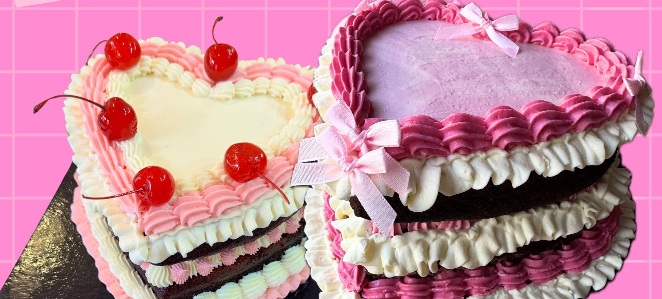 Vintage style examples: a cream heart cake with cherries and a pink heart cake with ruffles and bows, sponge visible between the layers